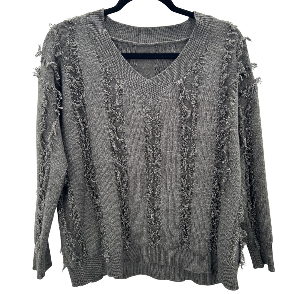 Women's Charcoal Green Boho Grunge‎ Fringe Detail Wool Blend Sweater Size Large